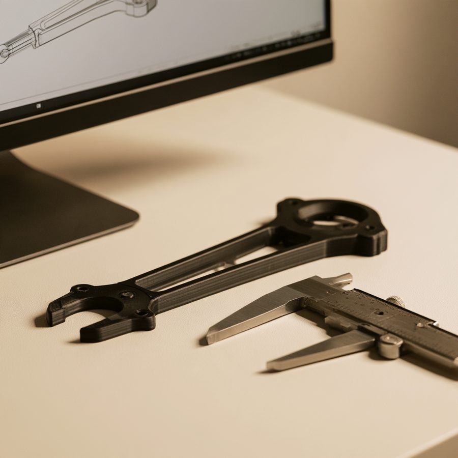 A printed control arm measured with calipers next to a CAD model